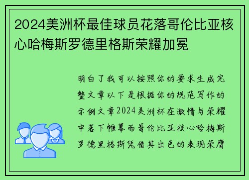 2024美洲杯最佳球员花落哥伦比亚核心哈梅斯罗德里格斯荣耀加冕