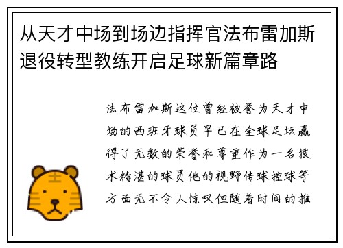 从天才中场到场边指挥官法布雷加斯退役转型教练开启足球新篇章路 从天才中场到场边指挥官法布雷加斯退役转型教练开启足球新篇章路