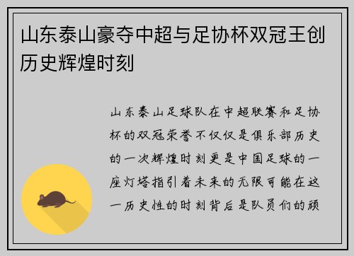 山东泰山豪夺中超与足协杯双冠王创历史辉煌时刻 山东泰山豪夺中超与足协杯双冠王创历史辉煌时刻